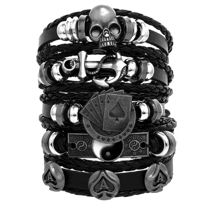 Fashion Black Skull Multi-layer Beaded Hand Leather Bracelet for Men Set Adjustable DIY Leather Winding Hand Rope