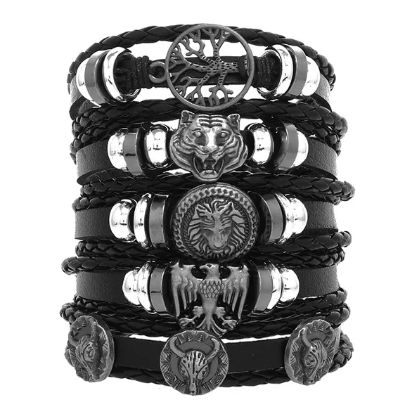 Fashion Black Skull Multi-layer Beaded Hand Leather Bracelet for Men Set Adjustable DIY Leather Winding Hand Rope